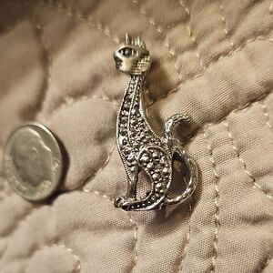 Vintage 1928 Era Silver Marcasite  Cat Pin / Brooch